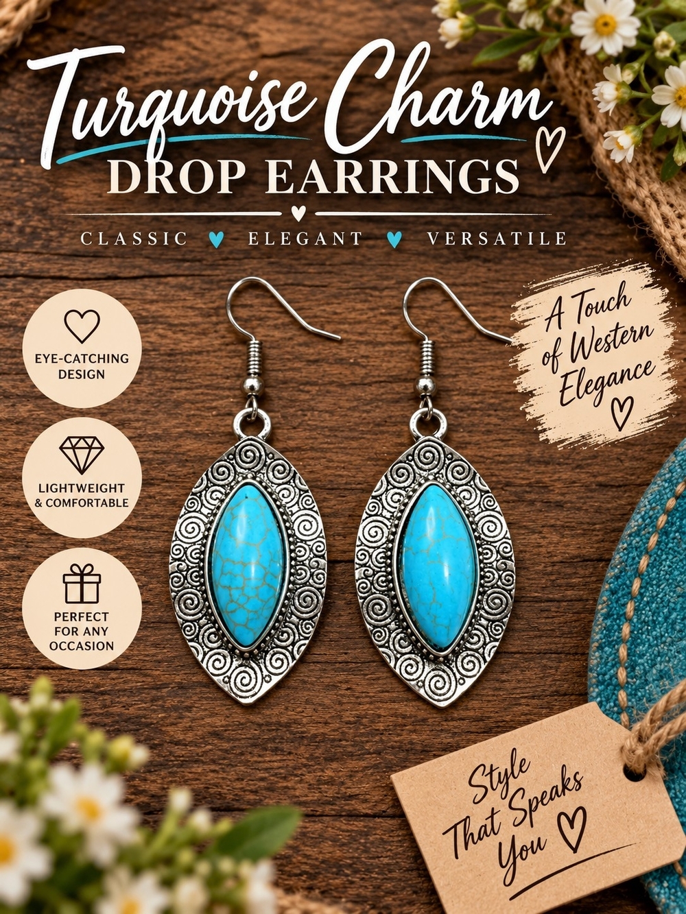 A95. Turquoise Charm Drop Earrings Blue & Silver NWT